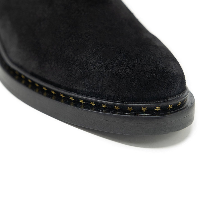 Walk London Darcy Star Chelsea Boot in black suede, close-up shot of the toe with white background