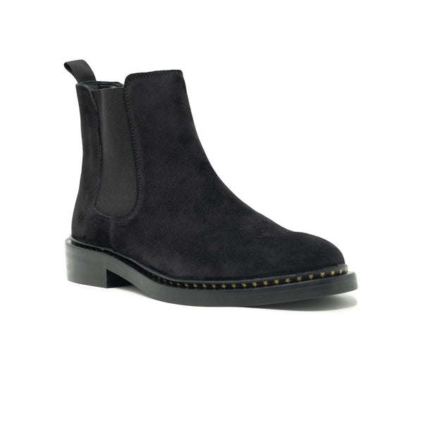 Walk London Darcy Star Chelsea Boot in black suede, angle shot with white background