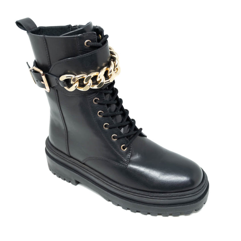 WALK London Grace Chain Lace Up Boot Black Leather