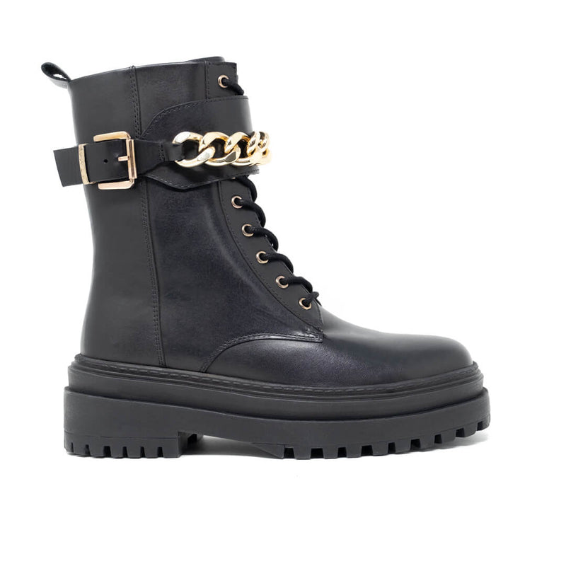 WALK London Grace Chain Lace Up Boot Black Leather