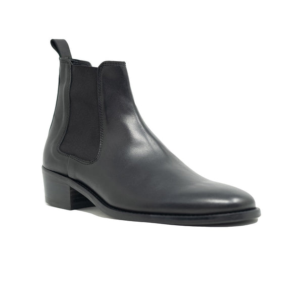 Walk London Hoxton Cuban Heeled Chelsea Boot in black leather, angled silhouette with white background