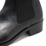 Walk London Hoxton Cuban Heeled Chelsea Boot in black leather, close-up heel with white background