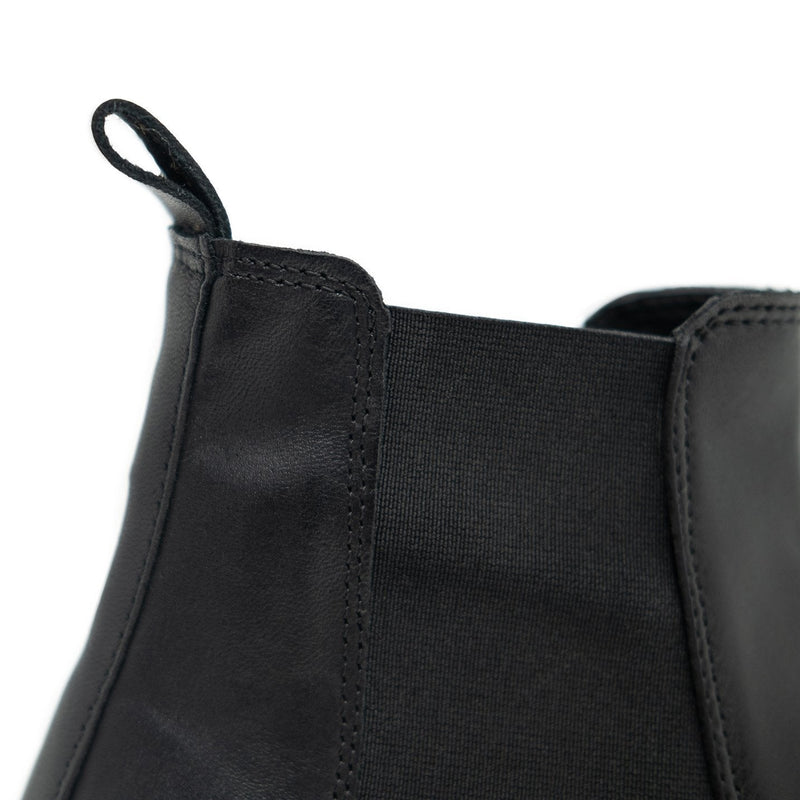 Walk London Hoxton Cuban Heeled Chelsea Boot in black leather, close-up pull tab with white background