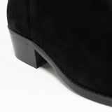 Walk London Hoxton Zip-up Cuban Heel Boot in Black Suede, Close-up of the heel with white background