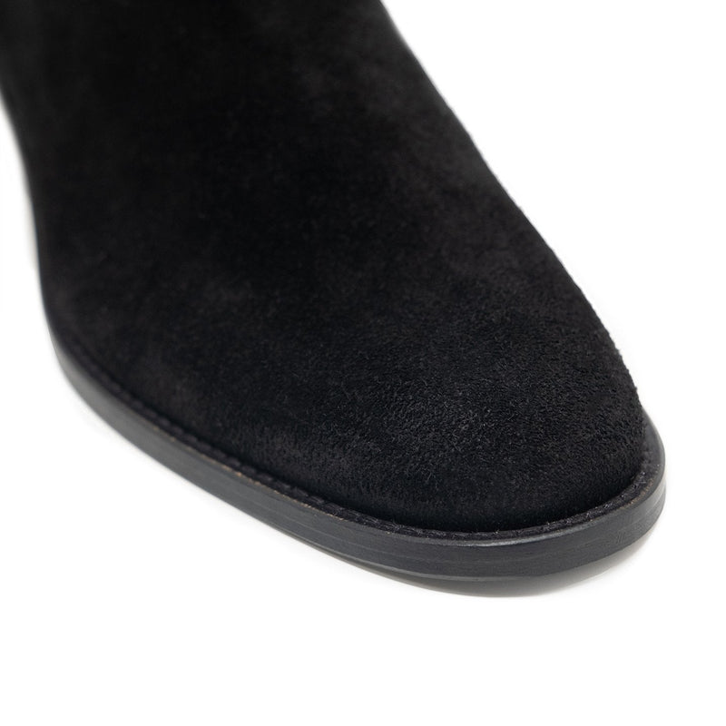 Walk London Hoxton Zip-up Cuban Heel Boot in Black Suede, Close-up of the toe with white background