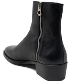 Walk London Zip-up Cuban Heel Boot in black leather, close-up of zip with white background