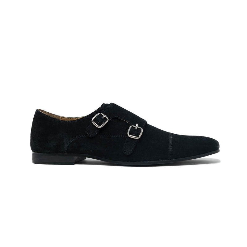 Walk London Luca Monk Strap Shoe in Black Suede