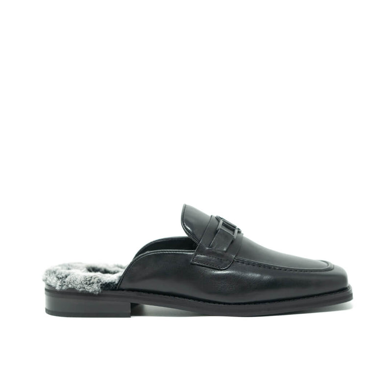 WALK LONDON Luther Fur Mule Black Leather