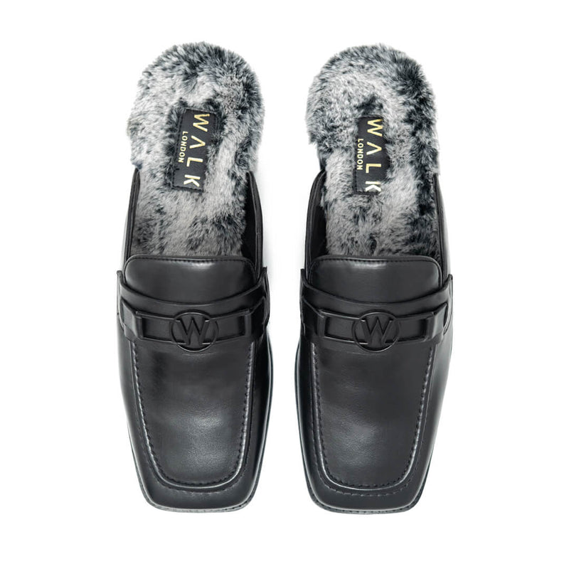 WALK LONDON Luther Fur Mule Black Leather