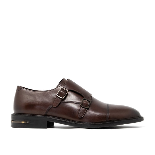 Walk London Oliver Monk Strap Shoes in Brown Leather