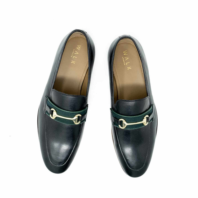 WALK London Raphael Loafer Black Leather Green Tape