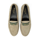 WALK London Riva Trim Loafer Stone Suede Green Tape Top