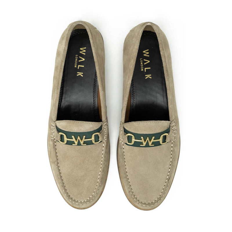 WALK London Riva Trim Loafer Stone Suede Green Tape Top