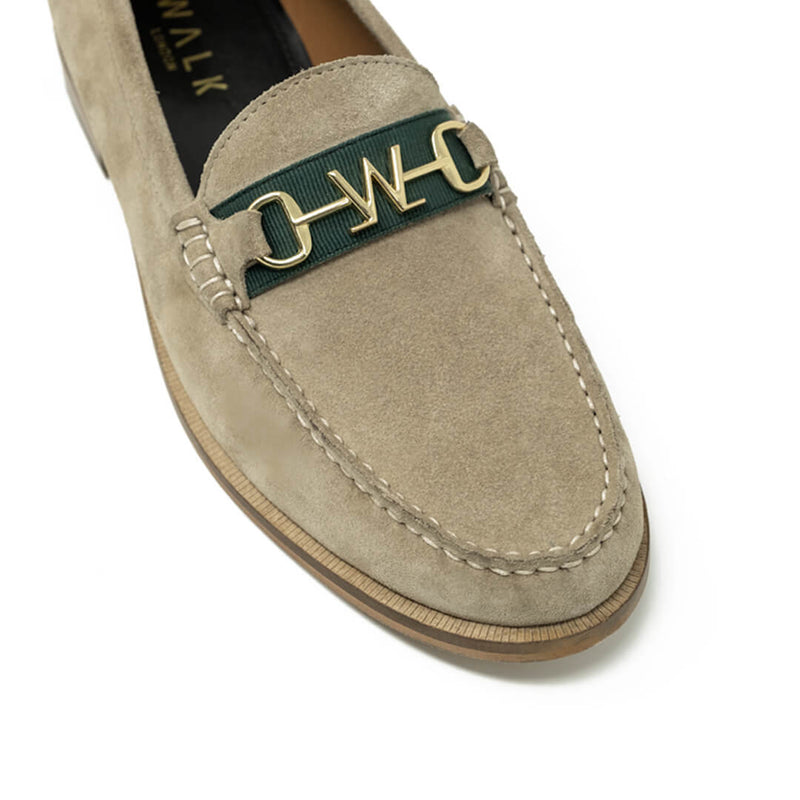 WALK London Riva Trim Loafer Stone Suede Green Tape Toe