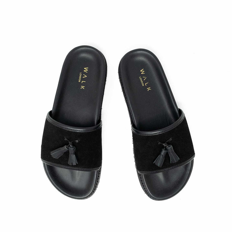 WALK London Ronny Tassel Slider Black Suede