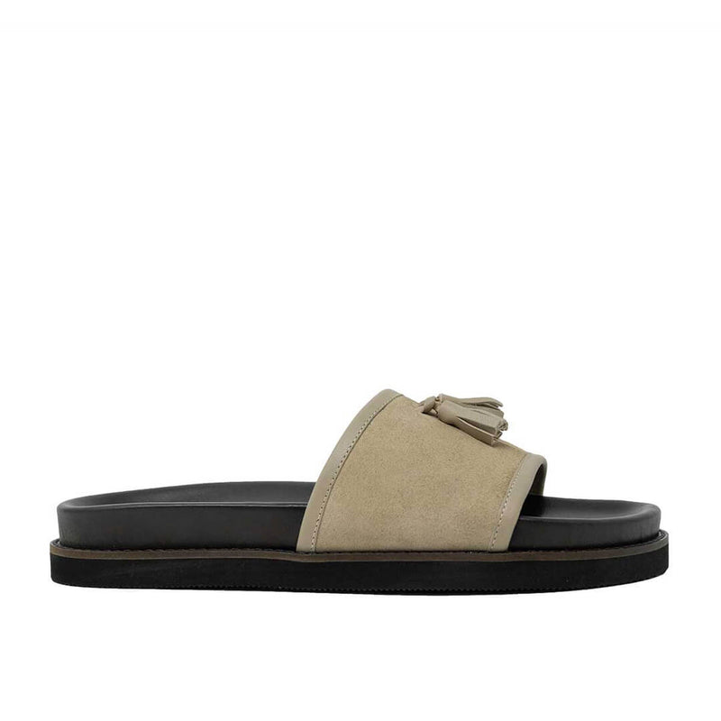 WALK London Ronny Tassel Footbed Slider Beige Suede