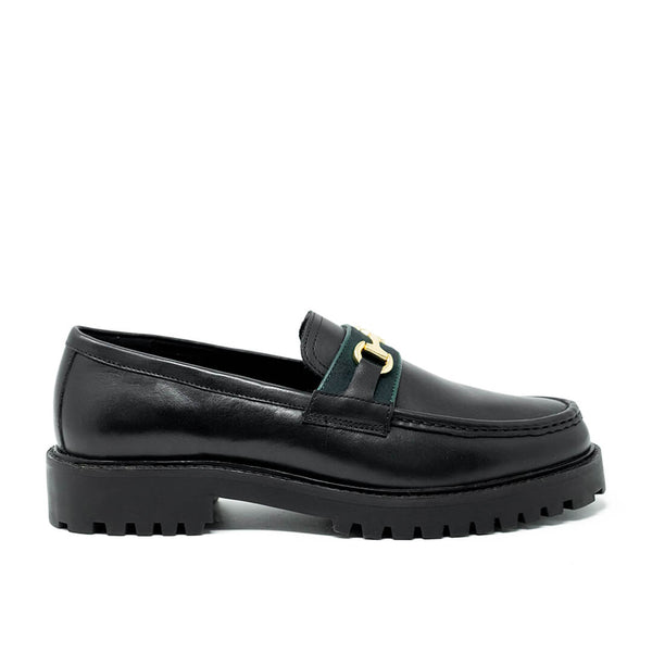 WALK London Sean Trim Loafer Black Leather Green Tape