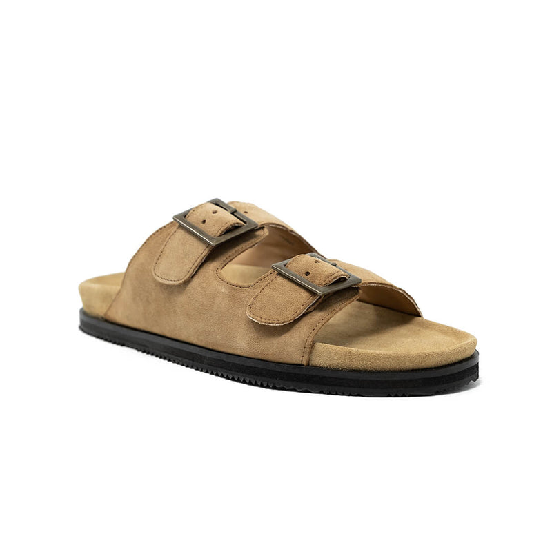 WALK London Tan Suede Double buckle Sandal Black Sole