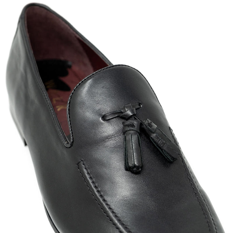 WALK London Terry Tassel Loafer Black Leather Tassel Detail