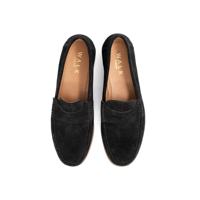 Birdseye View of the Walk London Tino Tassel Loafer in Black Suede