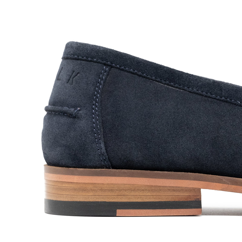 Walk London Navy Suede Tino Tassel Loafer | Embossed Branding Detail