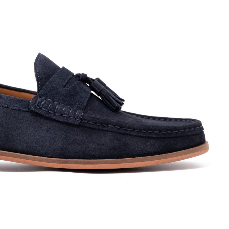 Walk London Navy Suede Tino Tassel Loafer | Beefroll StitchDetail