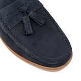 Walk London Navy Suede Tino Tassel Loafer | Apron Detail