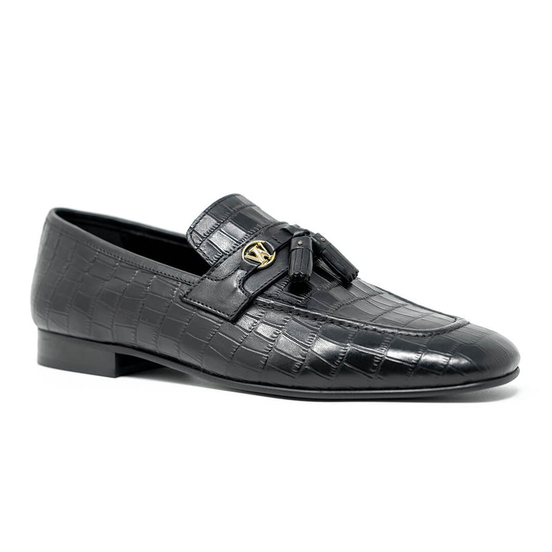 Walk London Woody Tassel Loafer in Black Leather | Angle