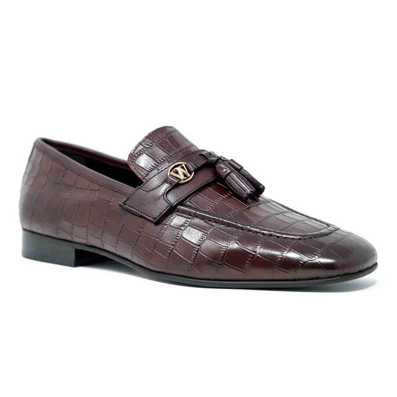 Walk London Woody Embossed Tassel Loafer in Burgundy Croc Embossed Leather | Angle