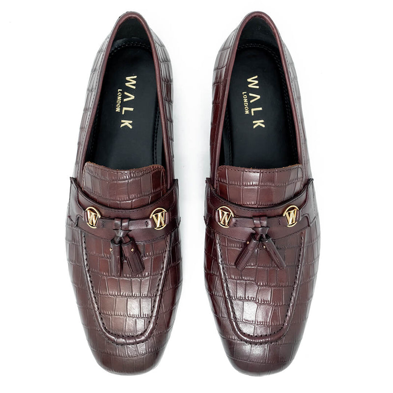 Walk London Woody Embossed Tassel Loafer in Burgundy Croc Embossed Leather | Birdseye