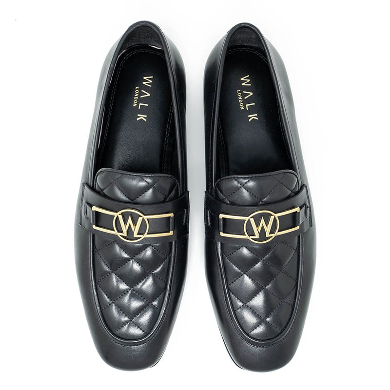 WALK London Woody Trim Loafer Quilted Black Leather Top